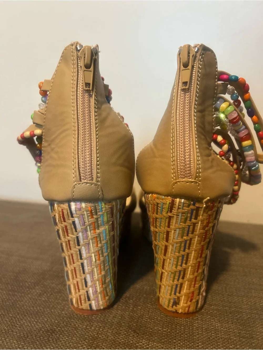 Getmorebeauty Women’s Tan Wedge Sandals with Multicolor Beaded Straps